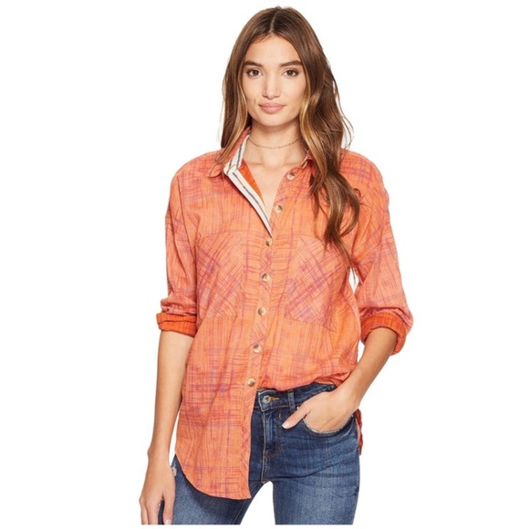 Free People Shore Vibes Button-down Printed Shirt Top Orange plaid size small - Picture 1 of 9